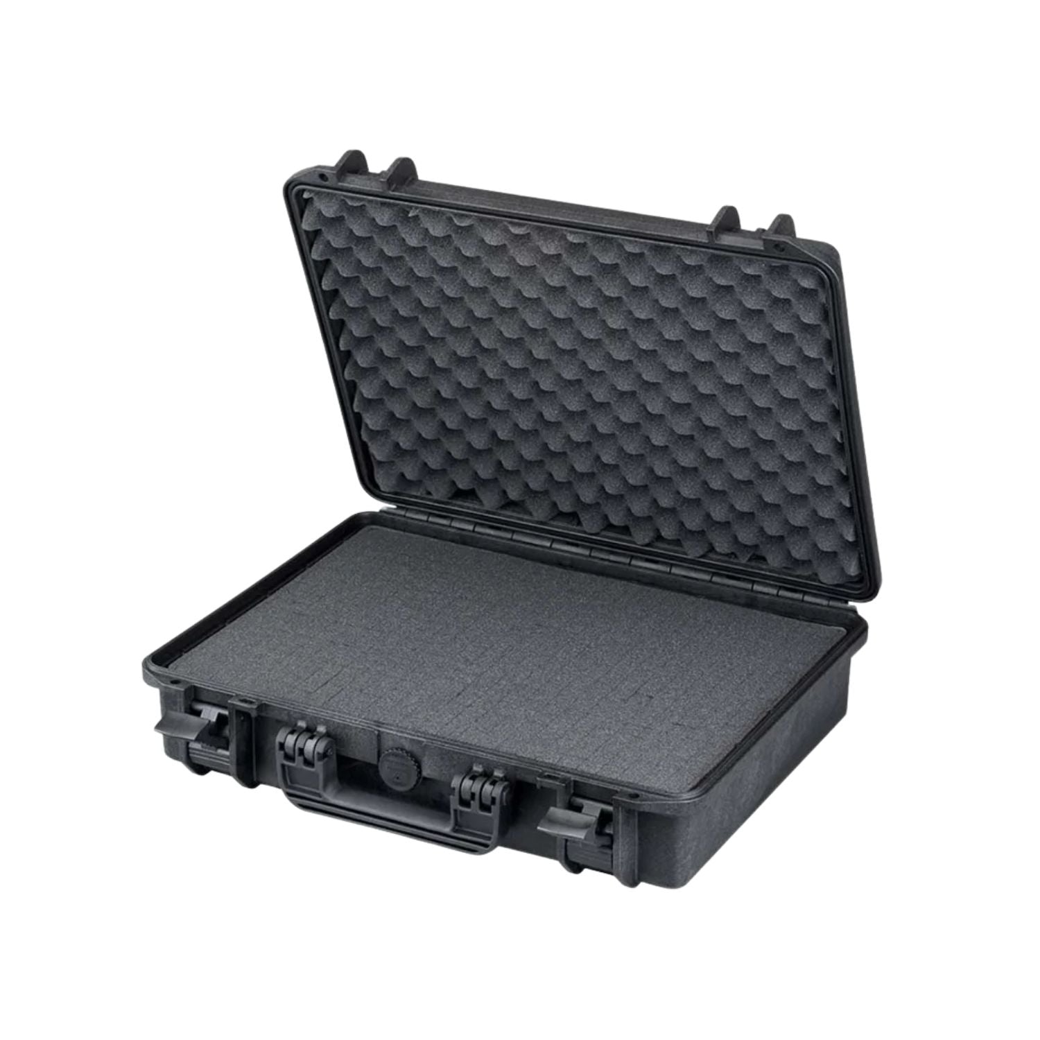 Black hard shell laptop case open with textured foam-lined interior